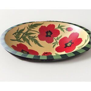 Sherwood Forest Handpainted Wooden Oval Salad Bowl 12” Green Red Poppy USA made